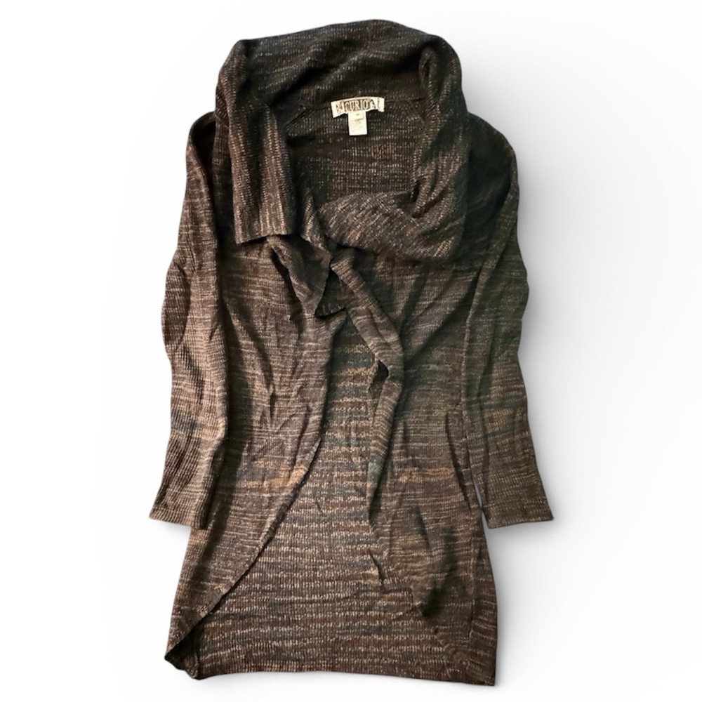 CURIO Ramie Open Long Sleeve Cardigan Women's Medium Brown/Blue ANTHROPOLOGIE